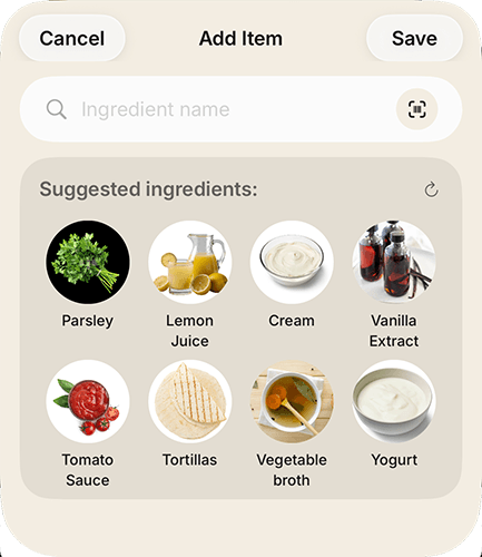 Supa add item view showing kitchen inventory management