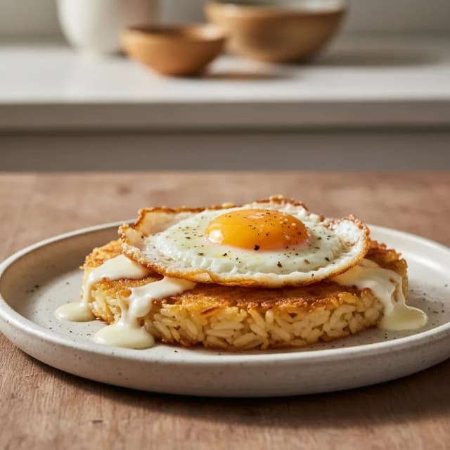 buttery fried egg over crispy rice