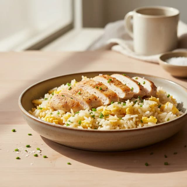 chicken over savory egg rice