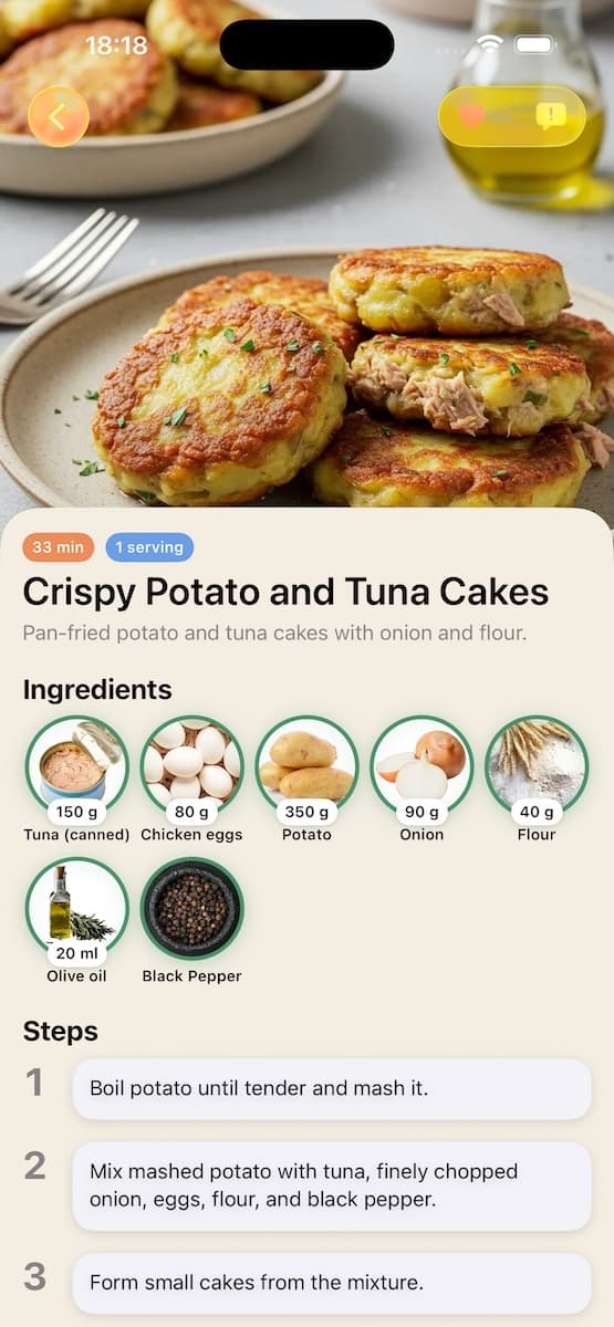 Supa recipe screen showing a recipe matched to ingredients already available