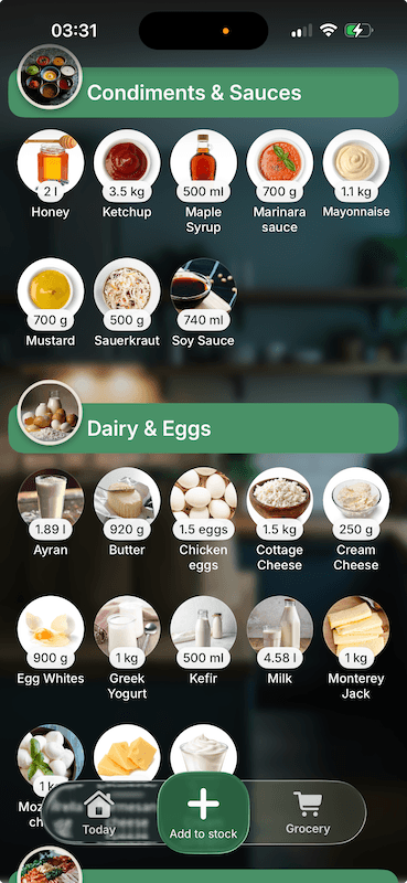 Supa stock screen showing kitchen inventory categories and ingredient items