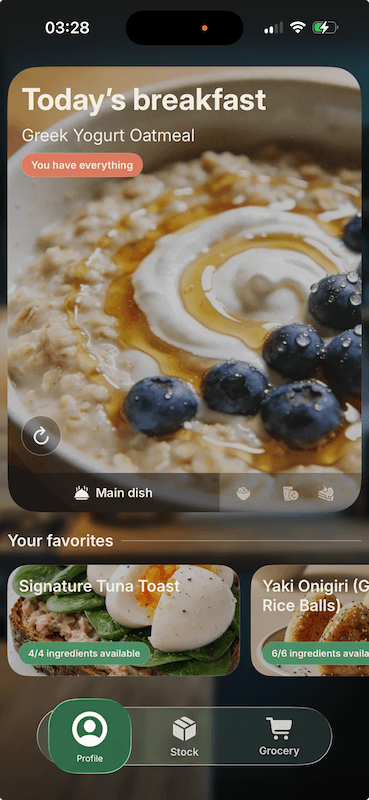 Supa today screen showing one dinner recommendation